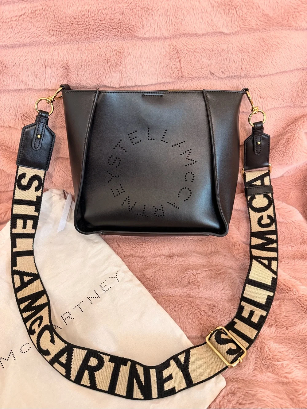 Stella McCartney Black Vegan Leather with Beige Logo Strap Crossbody Bag